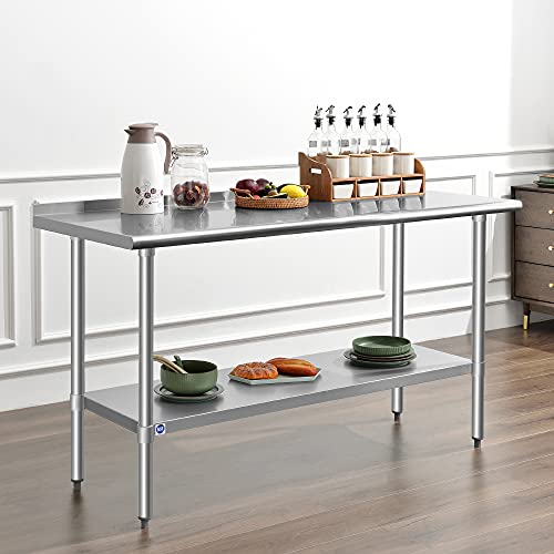 Image of ROCKPOINT Stainless Steel Table for Prep & Work with Backsplash 24x60 Inches, NSF Metal Commercial Kitchen Heavy Duty Table with Adjustable Under Shelf and Table Foot for Restaurant, Home and Hotel