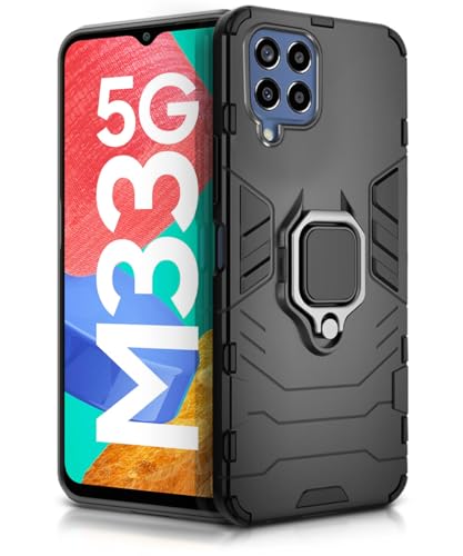 Image of WOW IMAGINE Shock Proof Back Case Mobile Cover for Samsung Galaxy M33 5G | Back Cover Case (Tough Armor | Hybrid PC + TPU | Ring Holder & in-Built Kickstand | Black)