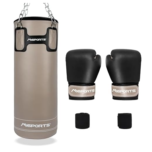 MSPORTS Boxsack-Set Professional 80 x 30 cm, Box-Set mit 1 Paar Boxhandschuhen und Boxbandagen - 25 kg Beige-Schwarz Boxset