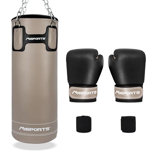 MSPORTS Punch Bag Set Premium 80×30 cm – Boxsack 25 kg + Boxhandschuhe & Bandagen – Boxtraining, Kickboxen & Fitness zuhause oder Studio