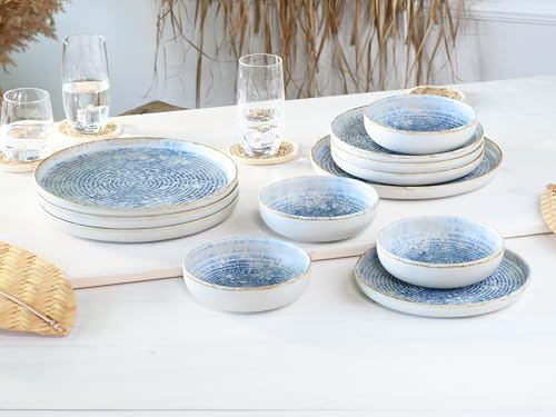 CreaTable, 21652, Serie Uno Mykonos, 12-teiliges Geschirrset, Teller Set aus Steinzeug, spülmaschinen- und mikrowellengeeignet, Made in Portugal