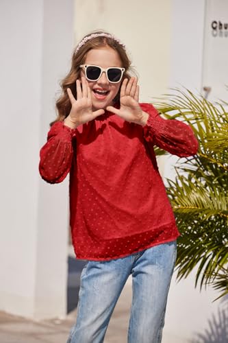Image of Arshiner Girls Long Sleeve Shirts Chiffon Blouses Swiss Dot Frill Neck Top