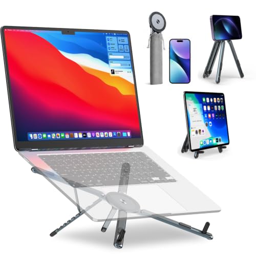 Image of Adjustable Laptop Stand for Desk, MagSafe Compatible Portable Foldable Computer Riser for MacBook, iPhone, iPad, Tablet - Lightweight Aluminum, N52 Magnetic Grip, Perfect for Office, Home, Traveling | MagSafe Compatible Foldable Design, 8-Level Height & Angle, Aluminum Alloy, Suitable for 10-16 inch Laptops (Gray)