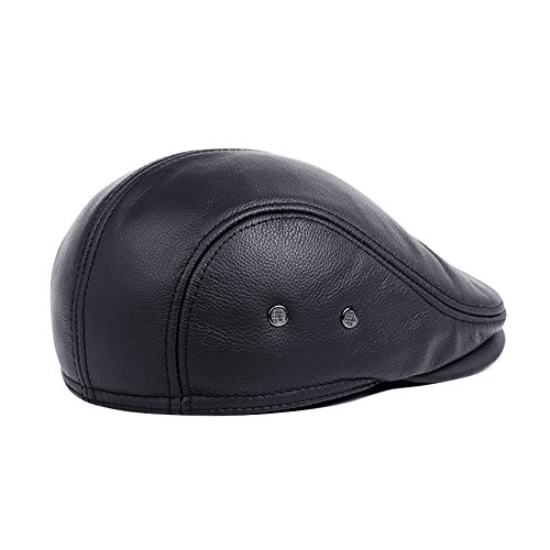 VEMOLLA Men's Real Cowhide Leather Beret Hunting Cap Beanie Trucker Cap Mens Sports Hat Black L