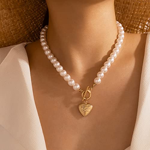 Pearl Choker Necklace Heart Pendant Necklaces Gold Circle T Bar Necklace Vintage Bohemia Love Heart Pendant Necklace Fashion Chain Jewelry For Women And Girls (Heart Locket) #TOP7