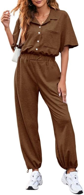 Miniatura 1 de Dokotoo Overol deportivo casual de manga corta con cuello abotonado para mujer, de cintura alta, con bolsillos