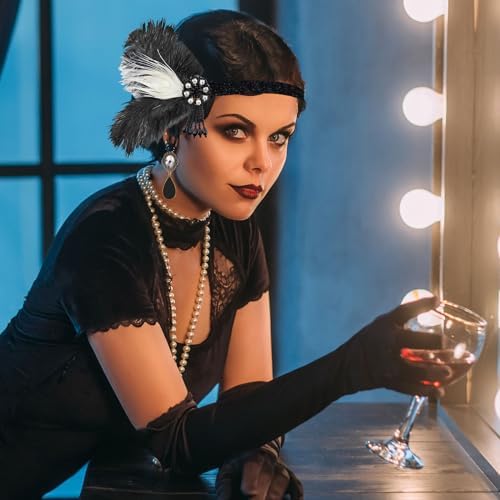 PLULON 8-Piece 1920s Flapper Great Gatsby Accessory Set Fashion Roaring 20's Theme Set with Headband, Headwear, Long Black