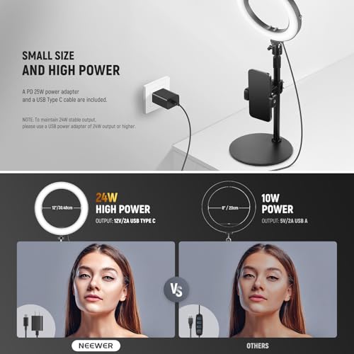 Image of NEEWER 12 inch 24W High Power Desk Ring Light with Stand /Phone Holder, LED Selfie Video Conference Lighting for iPhone Streaming Makeup Vlog Recording Laptop Computer Webcam Zoom Call Podcast, RH12B