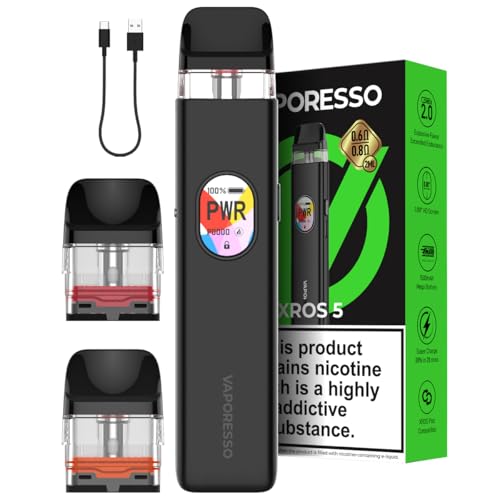 Vaporesso XROS 5 Vape Pod Kit [Cosmic Black] – 1500mAh Battery, Fast Charge in 15 Min (3A), Anti-Leak Tech, 0.88” Display – 2 COREX 3.0 Pods (0.6Ω + 0.8Ω) – Refillable – 10 Colours