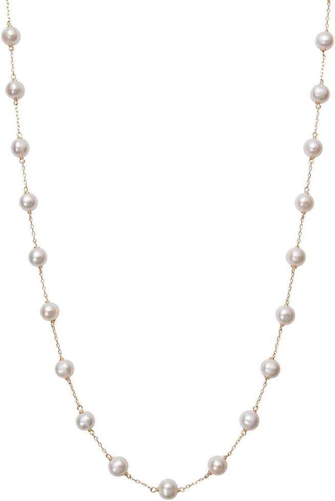 Belacqua White Cultured Freshwater Pearl Station Necklace in 10K White or Yellow Gold,Size 6MM-7MM, 18 Inches, Cable Chain, Real Pearl Jewelry for Women, Gift Box Included