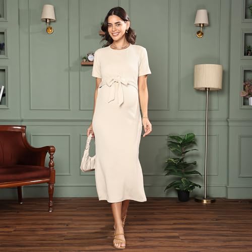 Image of MomToBe Women's Bodycon Calf Length Polyester Maternity Dress for Pre and Post Pregnancy
