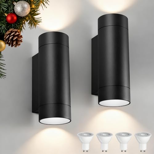 jnr 2 Piezas Aplique Pared Exterior, 10W 3000K LED Impermeable IP65 Luces Exterior, Marquesina Puerta Exterior GU10 Bombilla Blanca Cálida, luces exterior farolas exterior jardin, Negro