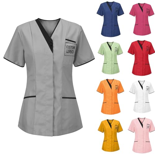 KHIRVWL Divisa Sanitaria Donna Cotone Divisa Medico Elegante Manica Corta Camice da Laboratorio Elasticizzato Leggero Camice da Lavoro Officina Pulizie Uniformi Infermiere Casacca Personalizzato