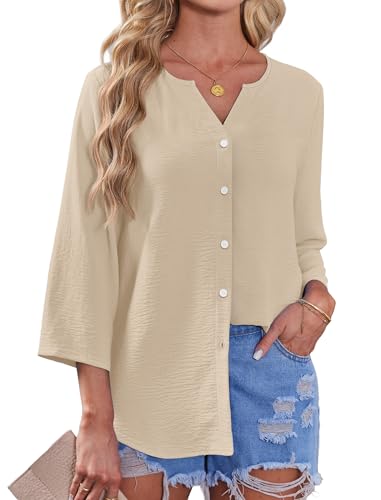 Image of OFEEFAN Button Down Shirts for Women 3 /4 Length Sleeve Tops V Neck Blouses Business Casual Outfits Loose Fit