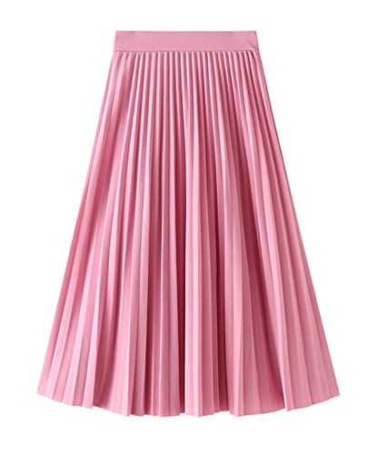 Easyoyo Saia midi plissada feminina de cor lisa com cintura alta elástica, Rosa B, One Size