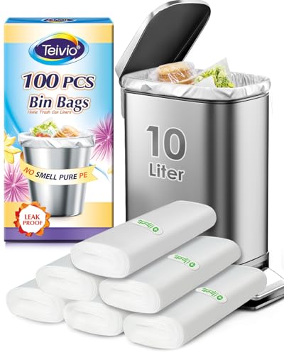 Teivio 10 Liter Small Bin Bags 100 Counts Pedal Bin Liners Thick Plastic Waste Bags for Bathroom Kitchen Office Fit 7.5-10L Rubbish Bin Clear