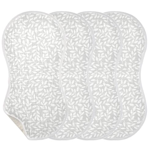 Image of Muslin Baby Burp Cloths, Grey and White Leaves Muslin Baby Rags Comfy Soft Absorbent in for Newborn Boys and Girls 4 Piece 22 x 11 Inch