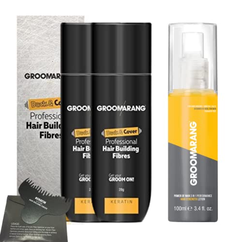 Hair Fibres X2 GROOMARANG Keratin Hair Building Fibres for Thinning Hair- Instantly Conceals Thinning Areas for Fuller Thicker Hair- For Men & Women 28g + Hair Loss Lotion & Optimiser (Light Brown)