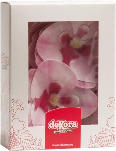 dekora – Flores Comestibles para tartas, 10 orquídeas rosas de oblea 8.5 x 7.5cm, sin azúcar, sin gluten, sin lactosa, Adornos Comestibles para Tartas, Cumpleaños y Bodas
