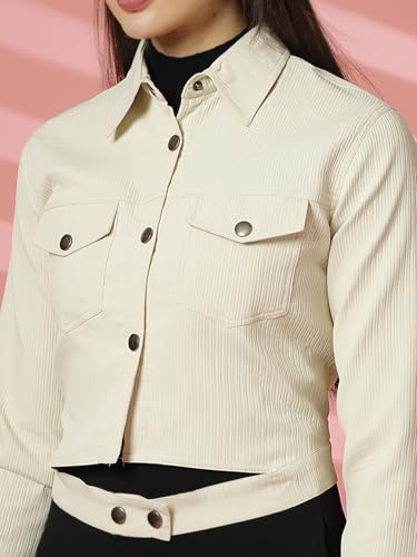 Image of CHKOKKO Solid Crop Jackets for Women stylish latest Long Sleeve Stylish Winter Shirt Jacket Casual Outerwear for Office