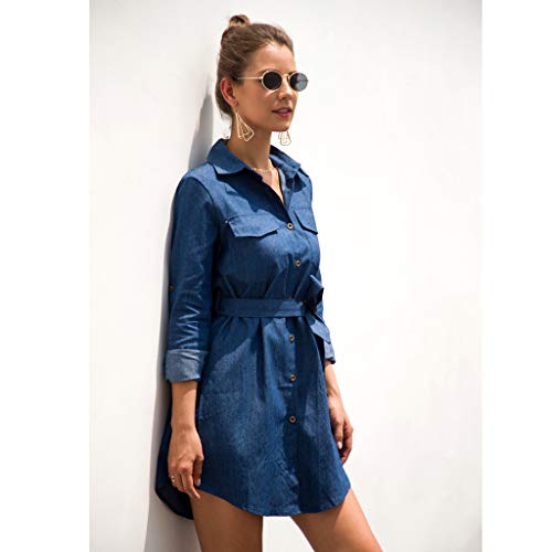 BXzhiri_Women Blue Jeans Denim T-Shirt V-Neck Long Sleeve Casual Loose Shirt Mini Dress