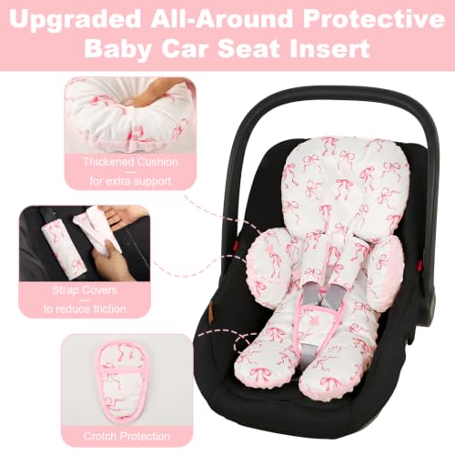 Image of Infant Car Seat Insert for Newborn Girls, Extra Thick & Soft Minky Preemie Car Seat Head Body Support Cushion with Strap Pads, Perfect for Stroller, Baby Swing, Bouncer, 2-in-1 Reversible, Pink Bow