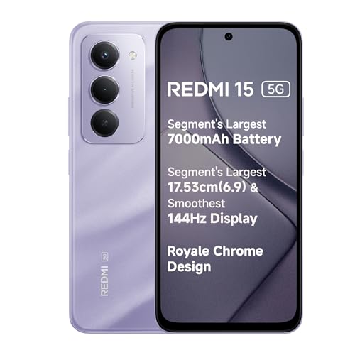 Redmi 15 5G Sandy Purple 8GB + 256GB | Segment's Largest 7000mAhA Battery | Segment's Largest Display 17.53cm(6.9) Up to 144Hz | Snapdragon 6s Gen 3 | 18W Reverse Charging | 50MP AI Dual Camera