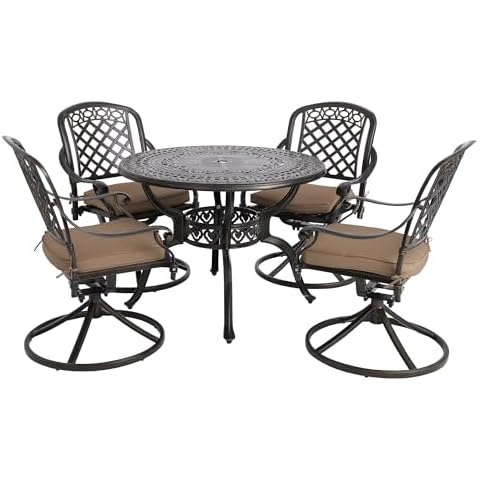 Sumshadow 5-Piece Cast Aluminum Outdoor Patio Dining Set, All Weather Cast Aluminum Outdoor Furniture Dining Set for Patio, Balcony, Garden, Backyard w/4 Swivel Chairs & Cushions, 2.0" Umbrella Hole Cover