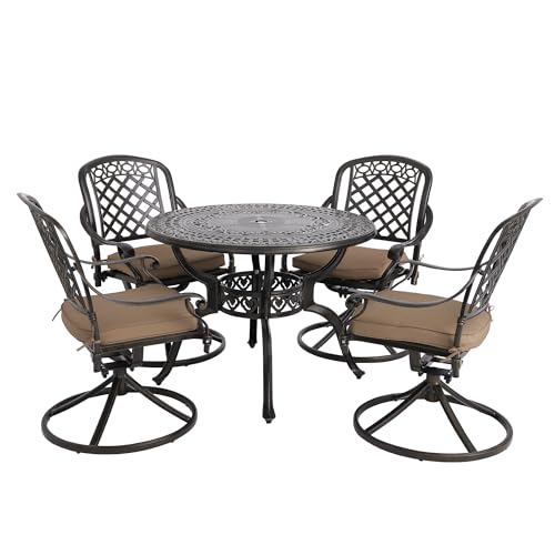 Sumshadow 5-Piece Cast Aluminum Outdoor Patio Dining Set, All Weather Cast Aluminum Outdoor Furniture Dining Set for Patio, Balcony, Garden, Backyard w/4 Swivel Chairs & Cushions, 2.0