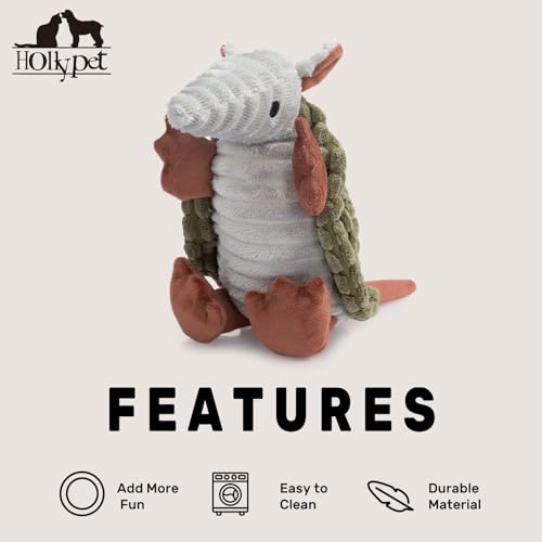 Image of Hollypet Plush Dog Squeaky Toy Stuffed Armadillo Animal Pet Puppy Chew Toys with Clean Teeth for Small Medium Large All Breed Sizes Dogs, Olive Green, 8 in