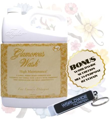 Tyler Candle Company Glamorous Wash High Maintenance Fine Laundry Detergent - Luxury Liquid Laundry Detergent - Hand and Machine Washable - with Worldwide Nutrition Multi Purpose Key Chain (64 oz)