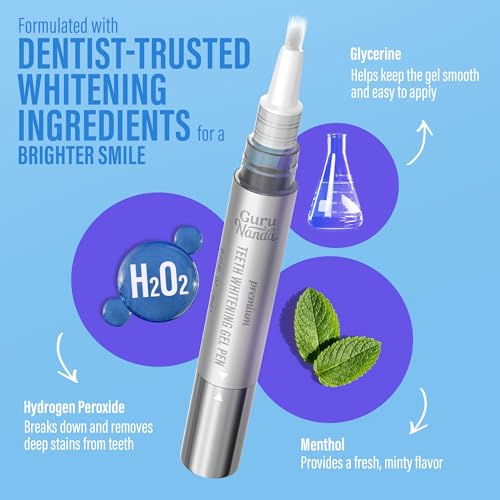Image of GuruNanda Teeth Whitening Pen - Helps Remove Surface Stains from Coffee, Tea & Wine, Up to 70 Uses, Precision Brush Applicator, Travel-Friendly Whitening Gel Pen, Mint Flavor, 4 mL