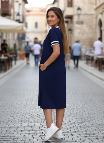 Image of Women's V-Neck Sporty T-Shirt Dress | Stylish Striped Sleeve One Piece for Women | Casual Summer Knee Length Short Dress | Trendy Beach & Resort Wear Western Dress (26 D-1-3)