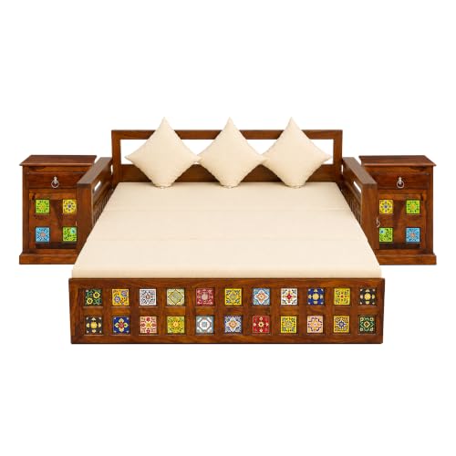 Image of SONA ART & CRAFTS Tile Sheesham Wood 3 Seater Sofa Cum Bed with Bedside | Wooden 3 Seater Sofa for Living Room Wooden Furniture Sofa Bed for Home (Natural Finish)