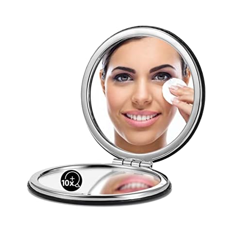 OMIRO 1X/10X(300R) Magnifying Compact Mirror with PU Leather, Ultra-Portable for Purses and Travel, Round Black Cover
