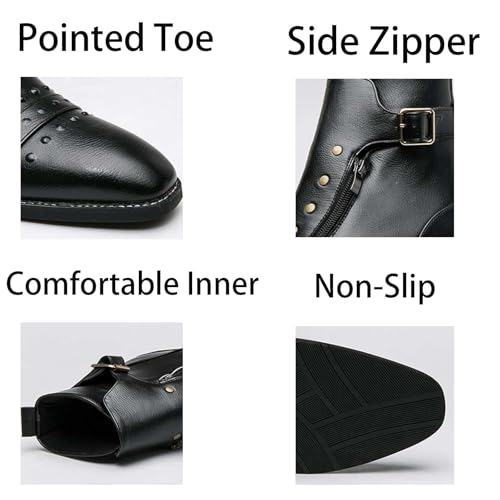 Mens Retro Leather Buckle Chukka Ankle Boots with Side Zipper Pointed Toe Non-Slip Low Heels Casual Shoes for Business Casual Dress Prom Party4