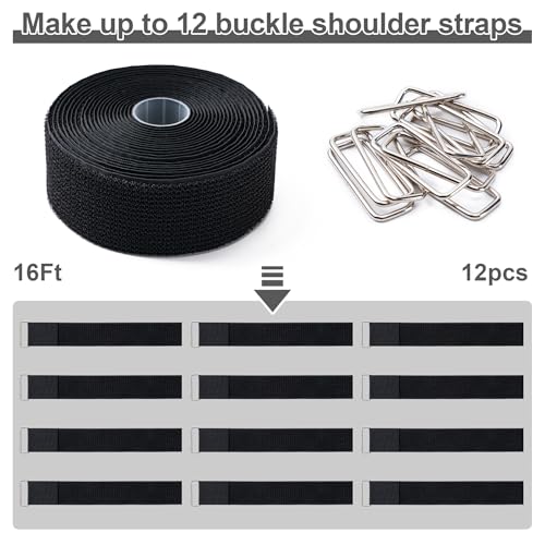 2\" x16Ft Hook and Loop Straps Cinch Straps Heavy Duty with 12 Metal Buckles, Adjustable Fastening Cable Straps, Free Cut Length, Reusable Nylon Cable Ties for Organizer or Storage, 2 inch Wide Black