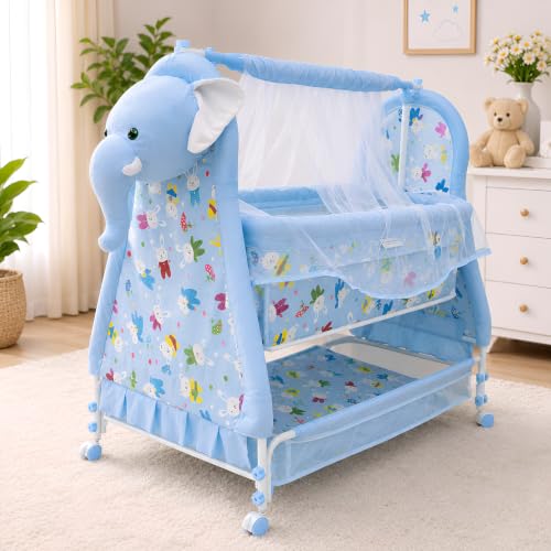 Image of Funbaby New Born Baby Swing Cradle Crib Jhula with Mattress Pillow Adjustable Height and Mosquito Net Bassinet & Wheels (Elephant Blue)