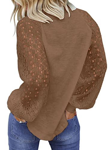 Miholl Women’s Long Sleeve Tops Lace Casual Loose Blouses T Shirts Coffee #TOP1