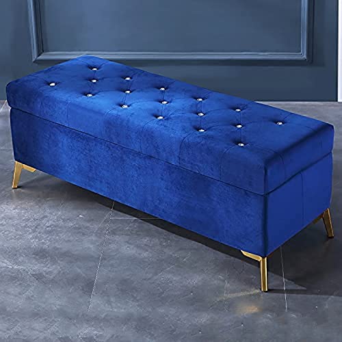 Lujoso banco de almacenamiento tapizado de terciopelo con botones de cristal, decoración moderna para el final de la cama, muebles elegantes para sala de estar, disponible en verde y azul marino, 60 x