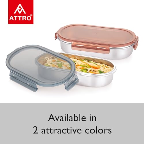 Image of Attro Steelox Oval Stainless Steel Container with Plastic Seal Lid BPA Free Food Grade Leak-Proof Ideal for School, Office & Outdoor Lunch Pack - 540ml Grey