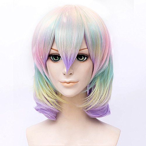Aicos Fashion Short Bob Style Rainbow Color Ombre Purple Green Yellow Anime Cosplay Party Costumes Wigs for Women +Free Wig Cap