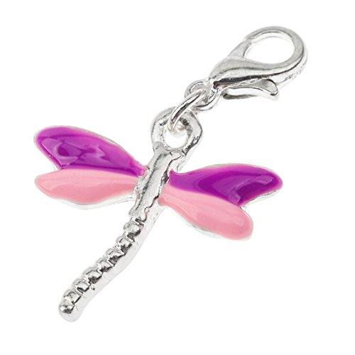 Refined Silver Colored Dragonfly Shaped Clip On Charm Pendant For Bracelets Bangels With Pink And Purple Wings By VAGA