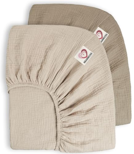 Image of Bearmoss Muslin Crib Sheets - 100% Cotton Fitted for Standard Crib & Toddler Bed Mattress 52"x28" - Soft Breathable Neutral for Boys Girls - 2 Pack (Oat Latte)