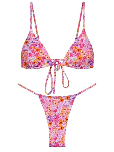 Image of OWICA Women's Sexy Triangle Bikini Sets Cheeky Thong Swimsuit Adjustable Spaghetti Straps Bathing Suit