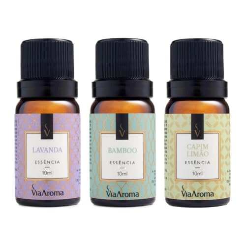 Kit 3 Essências Via Aroma De Aromatizador Aromaterapia 10ml - Lavanda Francesa, Bamboo e Capim Limão