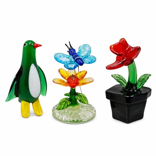 Image of HOOM Handcrafted Glass Figurines Trio - Butterfly, Flower, and Penguin | Handmade Art Glass Ornaments | Elegant Home Decor Collectibles | Set of 3 Vibrant, Multicolor Designs