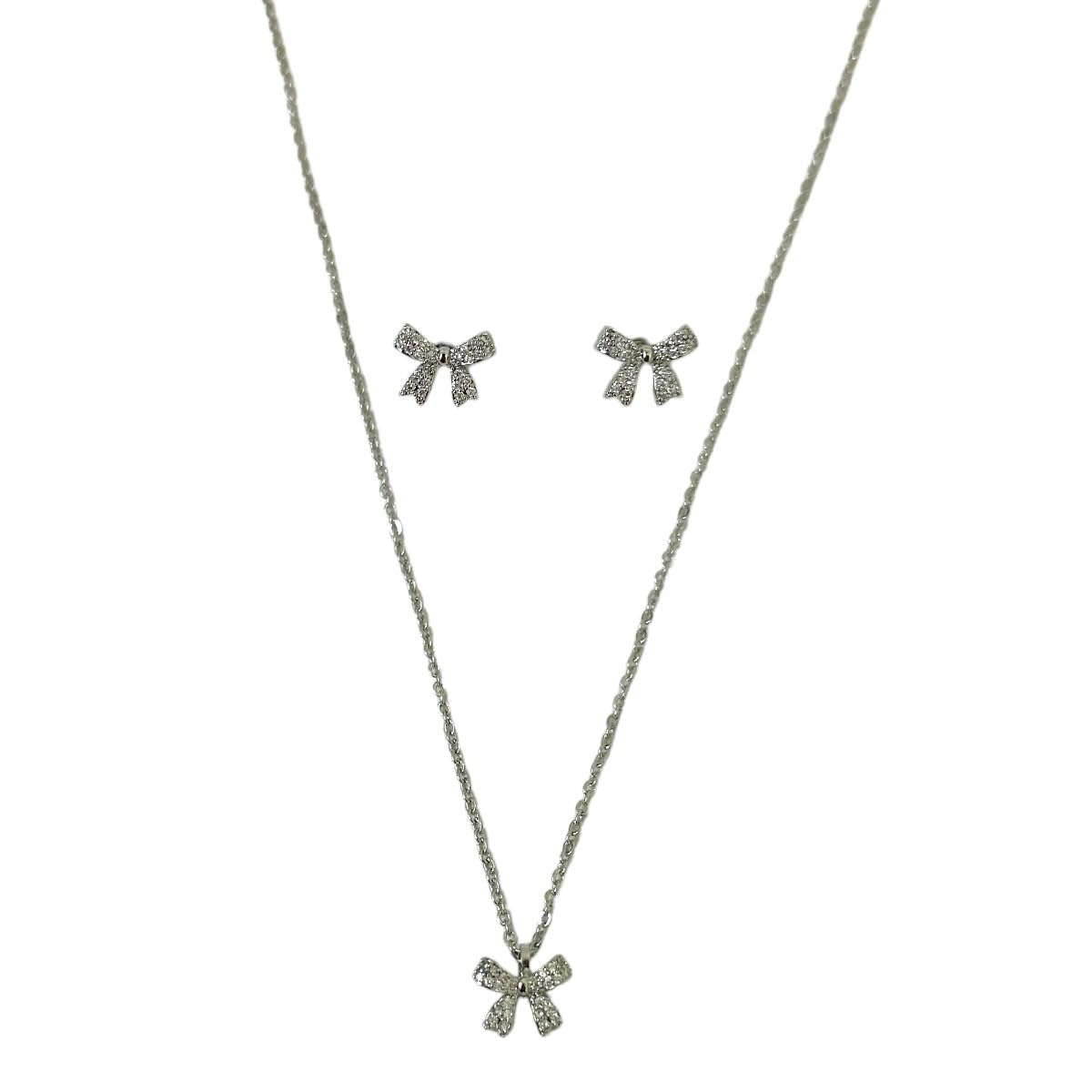 ACCESSHER Stunning American Diamonds Studded Delicate Bow Design Pendant Chain Necklace with Stud Earrings for Women and Girls Pack of 1 (Silver) (B0DGV3YH8X) Amazon Price History, Amazon Price Tracker