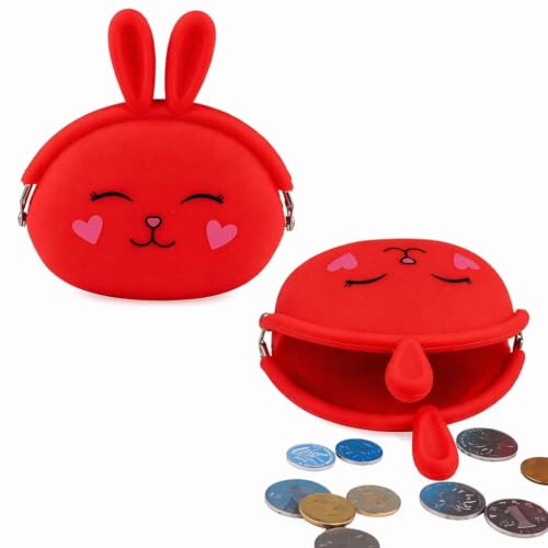 Image of FunBlast Cute Bunny Shape Silicone Coin Purse for Kids & Adults - Mini Pouch for Coins, Earphones, Keys & Small Essentials, Aesthetic Pouches for Girls & Women - 12 X 9.5 X 3 Cm (Bunny-Red)