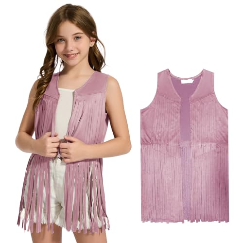 Image of Girls Kids Fringe Vest Sleeveless Western Cowgirl Vest 60s 70s Hippie Faux Suede Tassels Jacket for Halloween